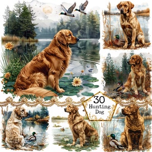 JPEG Perro de caza Lago Humedal Pato Ilustración JPEG Caza Sublimación Diseño Descarga instantánea Artesanías de papel Diario basura Scrapbooking
