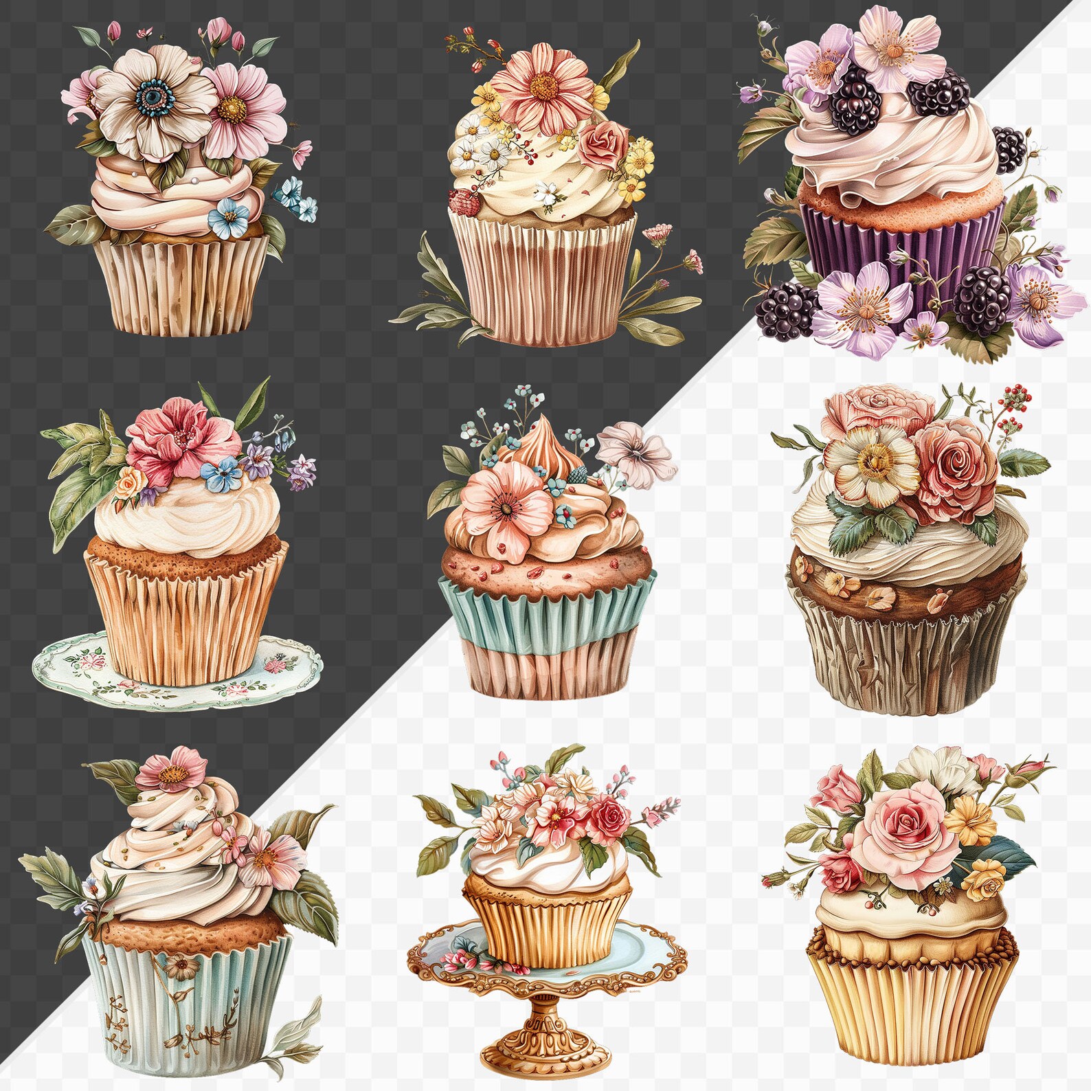PNG Watercolor Cupcakes Clipart Bundle, Dessert Clipart Png, Cupcake ...