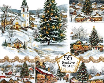 Paquete de imágenes prediseñadas de pueblo navideño en acuarela JPEG, imágenes prediseñadas de invierno en acuarela, descarga instantánea de Navidad, manualidades con papel, diario basura, álbumes de recortes