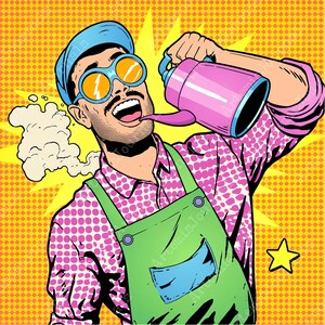 May include: Pop art illustration of a man with a mustache and sunglasses, wearing a pink polka dot shirt and green apron, pouring from a pink teapot. The background is yellow with a starburst and a star.