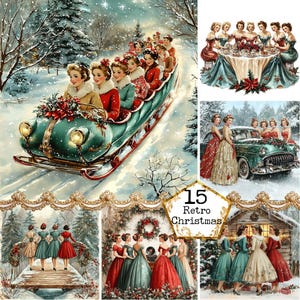JPEG akwarela Retro Dziewczyny Przyjaciele Boże Narodzenie Impreza Grafika Vintage Wigilia Natychmiastowe pobieranie Papierowe rzemiosło Dziennik śmieci Scrapbooking