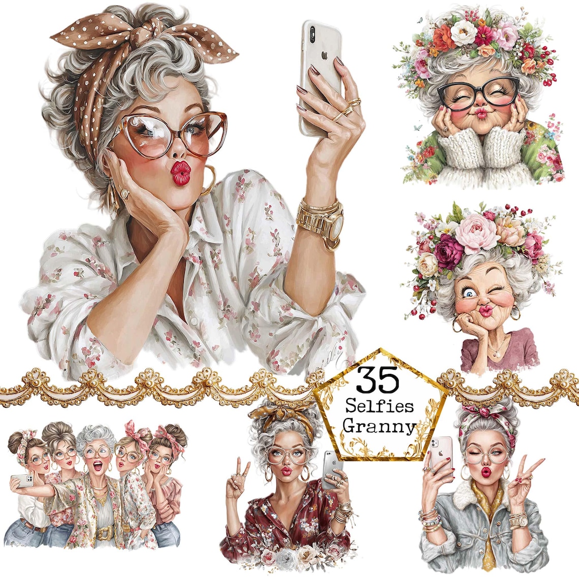 Older Lady Taking Selfies - Watercolor Clipart Bundle PNG + JPEG Paper ...