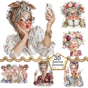 Może przedstawiać: Cyfrowa ilustracja przedstawiająca kolekcję zdjęć stylowych starszych kobiet robiących selfie. Główny obraz przedstawia kobietę z siwymi włosami, okularami i chustą w kropki, trzymającą telefon. Widoczny jest również tekst "35 Selfies Granny".