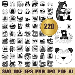 220 Whimsical Bear svg, dxf, eps, ai, pdf, jpg, png, SVG Clipart Set, Bear Illustrations, Pet Graphics, Files for Cricut, Commercial Use