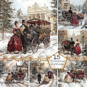 Paquete de imágenes prediseñadas de carruaje victoriano en acuarela JPEG Imágenes prediseñadas de carruaje Imágenes prediseñadas de Navidad Descarga instantánea Manualidades con papel Diario basura Scrapbooking