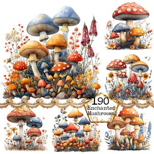 PNG + JPEG Aquarelle forêt champignon Clipart Bundle Champignons magiques Woodland Image Téléchargement instantané Papier Artisanat Junk Journal Scrapbooking