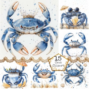 JPEG Watercolor Blue Crab Clipart Bundle Ocean Life Clipart Sea Life Summer Clipart Instant Download Paper Crafts Junk Journal Scrapbooking