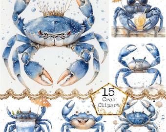 Pacchetto di clipart di granchio blu acquerello JPEG Clipart di vita oceanica Clipart di vita marina Clipart estiva Download istantaneo Artigianato di carta Diario spazzatura Scrapbooking