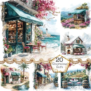 JPEG Watercolor Cafe front Clipart Bundle JPEG Coffee Shop Clipart Commercial Use Instant Download Paper Crafts Junk Journal Scrapbooking