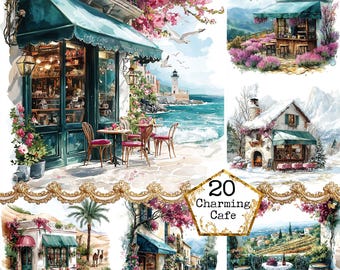 JPEG Watercolor Cafe front Clipart Bundle JPEG Coffee Shop Clipart Commercial Use Instant Download Paper Crafts Junk Journal Scrapbooking