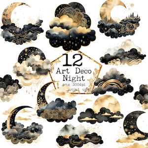 Bundle de cliparts nuit Art déco aquarelle PNG nuages et lunes des cliparts usage commercial Téléchargement instantané Artisanat en papier Journal indésirable Scrapbooking