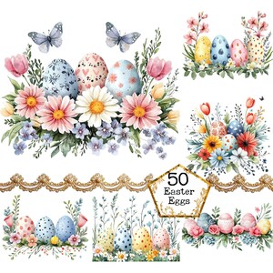 Puede incluir: Un paquete de papel digital con 50 ilustraciones de acuarela de huevos de Pascua decorados con flores, mariposas y encaje. Los huevos son de varios colores, incluyendo rosa, azul, amarillo y verde.