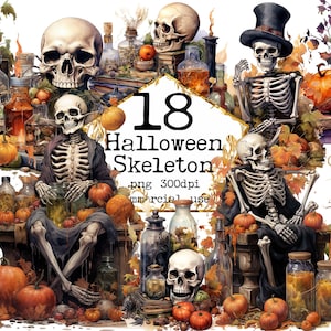 PNG Halloween Skeleton Watercolor Clipart Halloween Skull Clipart PNG Pumpkin Clipart Spooky PNG Paper Crafts Junk Journal Scrapbooking