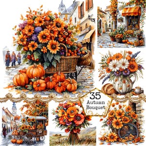 PNG + JPEG aquarelle bouquet d'automne Clipart Bundle Paysages d'automne Fleurs d'automne Art Téléchargement instantané Papier Artisanat Junk Journal Scrapbooking