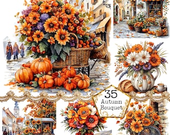 PNG + JPEG Watercolor Autumn Bouquet Clipart Bundle Autumn scenery Fall Flowers Art Instant Download Paper Crafts Junk Journal Scrapbooking
