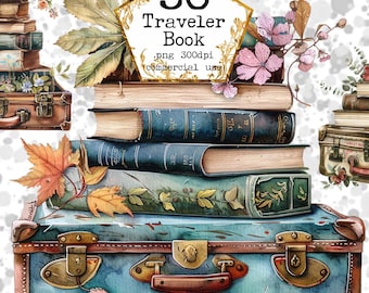 PNG Watercolor Suitcase and Books Clipart Bundle Bookworm Clipart Traveler Clipart Instant Download Paper Crafts Junk Journal Scrapbooking
