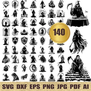 May include: A collection of 140 black and white vector illustrations of the Grim Reaper in various poses. The Reaper is depicted with a scythe, a hooded robe, and a skull face. The illustrations are ideal for use in Halloween decorations, crafts, and digital projects.