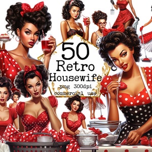 Retro Housewife Clipart PNG Bundle, &#39;50s Transparent PNG, Red Polka Dot Dress, Cooking, Scrapbook, Junk Journal Paper Crafts Commercial Use