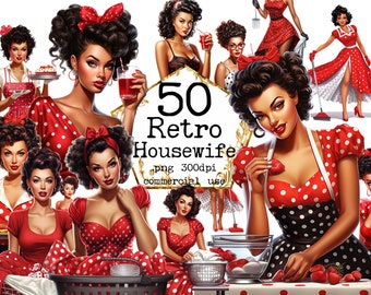 Retro Housewife Clipart PNG Bundle, '50s Transparent PNG, Red Polka Dot Dress, Cooking, Scrapbook, Junk Journal Paper Crafts Commercial Use
