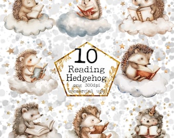 Cute Watercolor Hedgehog on a Cloud Reading Clipart Bundle Nursery Clipart PNG Instant Download Paper Crafts Junk Journal Scrapbooking