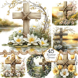 Op de afbeelding: Een set van 45 digitale afbeeldingen met rustieke houten kruisen met bloemmotieven. De kruisen zijn versierd met touw en geplaatst tegen achtergronden van waterlelies, bloeiende bomen en een pad door een bos.