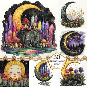 Bundle de cliparts champignons magiques Luna, champignons magiques, forêt enchantée lune, téléchargement immédiat, travaux manuels en papier, journal indésirable, scrapbooking