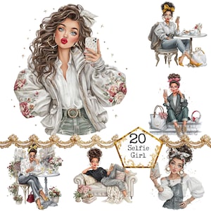 Può includere: Illustrazione digitale di sei donne alla moda, ognuna con uno smartphone. Le donne sono raffigurate con abiti alla moda, con dettagli floreali e gioielli dorati. È presente anche il testo "20 Selfie Girl".