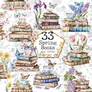 Acquerello primavera fiore libri Clipart floreale antico libro acquerello PNG Download immediato artigianato di carta commerciale Junk Journal Scrapbooking
