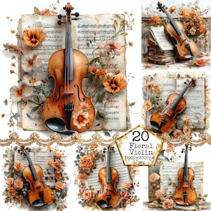 JPEG Violín con partituras Clipart Paquete JPEG Música Arte Fondos digitales Descarga instantánea Artesanías de papel Diario basura Scrapbooking