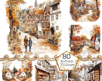 May include: A watercolor painting of a quaint village in autumn. The buildings are painted in warm colors, and the trees are a mix of orange, yellow, and red. There are people walking on the cobblestone streets, and the overall atmosphere is peaceful and charming.