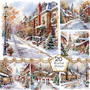 JPEG piccolo villaggio vintage con albero di Natale JPEG Winter Clipart Immagini di Natale Clipart Paper Crafts Junk Journal Scrapbooking