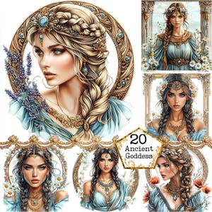 Paquete de imágenes prediseñadas de diosa de acuarela JPEG Imágenes prediseñadas de mitología Mujer hermosa Mujer divina Descarga instantánea Manualidades de papel Diario basura Scrapbooking