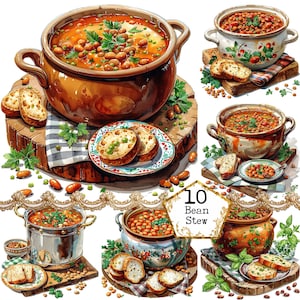 JPEG Cosy Kitchen: bonenstoofpot met brood clipartbundel JPEG keuken clipart direct download, plakboek, junkjournaal, papierkunst
