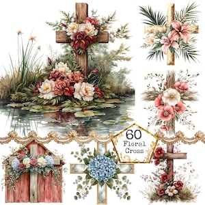 PNG + JPEG aquarelle floral croix Clipart Bundle Clipart religieux Clipart chrétien Téléchargement instantané Paper Craft Junk Journal Scrapbooking
