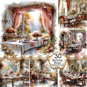 Pacote de sala de jantar aconchegante aquarela JPEG JPEG Download instantâneo Interior Clipart Arquitetura Clipart Papel Artesanato Junk Journal Scrapbooking