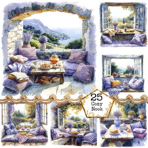 JPEG acuarela acogedora cabaña rincón clipart paquete cabaña ventana acogedor asientos clipart descarga instantánea artesanías de papel diario basura scrapbooking