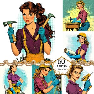 JPEG Starke Frauen Pop Art Bundle Mechanik Grafik Pop Art Mädchen Illustration Clipart Sofortiger Download Papier Handwerk Junk Journal Scrapbooking