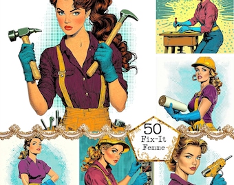 JPEG Starke Frauen Pop Art Bundle Mechanik Grafik Pop Art Mädchen Illustration Clipart Sofortiger Download Papier Handwerk Junk Journal Scrapbooking