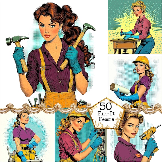 JPEG Strong Women Pop Art Bundle Mechanics Graphics Pop Art Girl Illustration Clipart Instant Download Paper Craft Junk Journal Scrapbooking