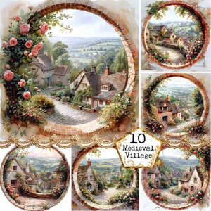 Peut inclure: Un collage de 10 images représentant un village médiéval avec des maisons en pierre, des rues pavées et une végétation luxuriante. Les images sont encadrées d'arcs en briques avec des roses et des vignes qui poussent autour. Le texte "10 Medieval Village" est affiché dans un pentagone doré.