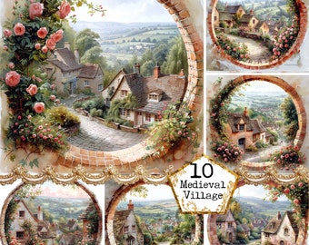 JPEG acuarela medieval Village Houses Clipart Bundle JPEG Brick Window Comercial Descarga instantánea Paper Crafts Junk Journal Scrapbooking