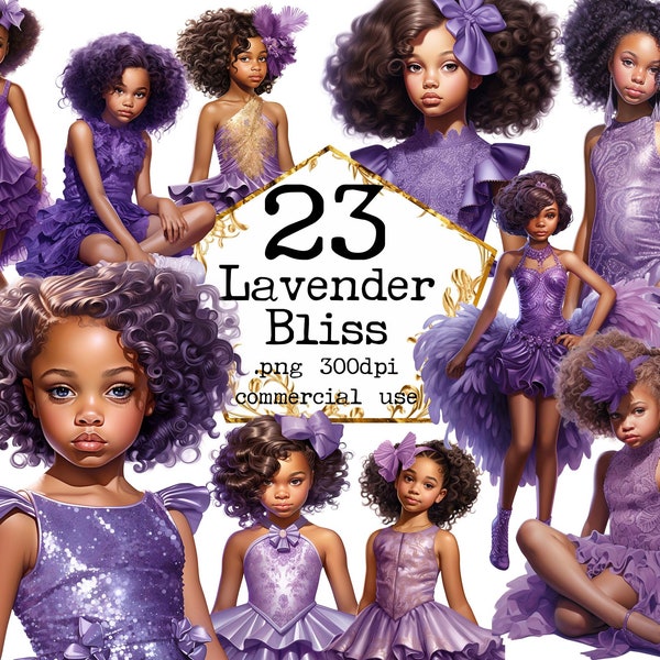 Little Black Girls Clipart PNG, Transparent Background, Purple dress, Scrapbook, Junk Journal, Paper Crafts, Scrapbooking. Commercial Use