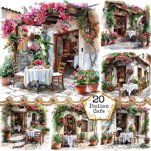 Vintage Shabby Chic Cafe in Italië Clipart JPEG Vintage achtergrond Cafe smal steegje Instant Download papier ambachten ongewenste dagboek Scrapbooking