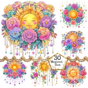 PNG + JPEG Watercolor Floral Sun Clipart Bundle Rainbow Color Celestial Design Art Instant Download Paper Crafts Junk Journal Scrapbooking
