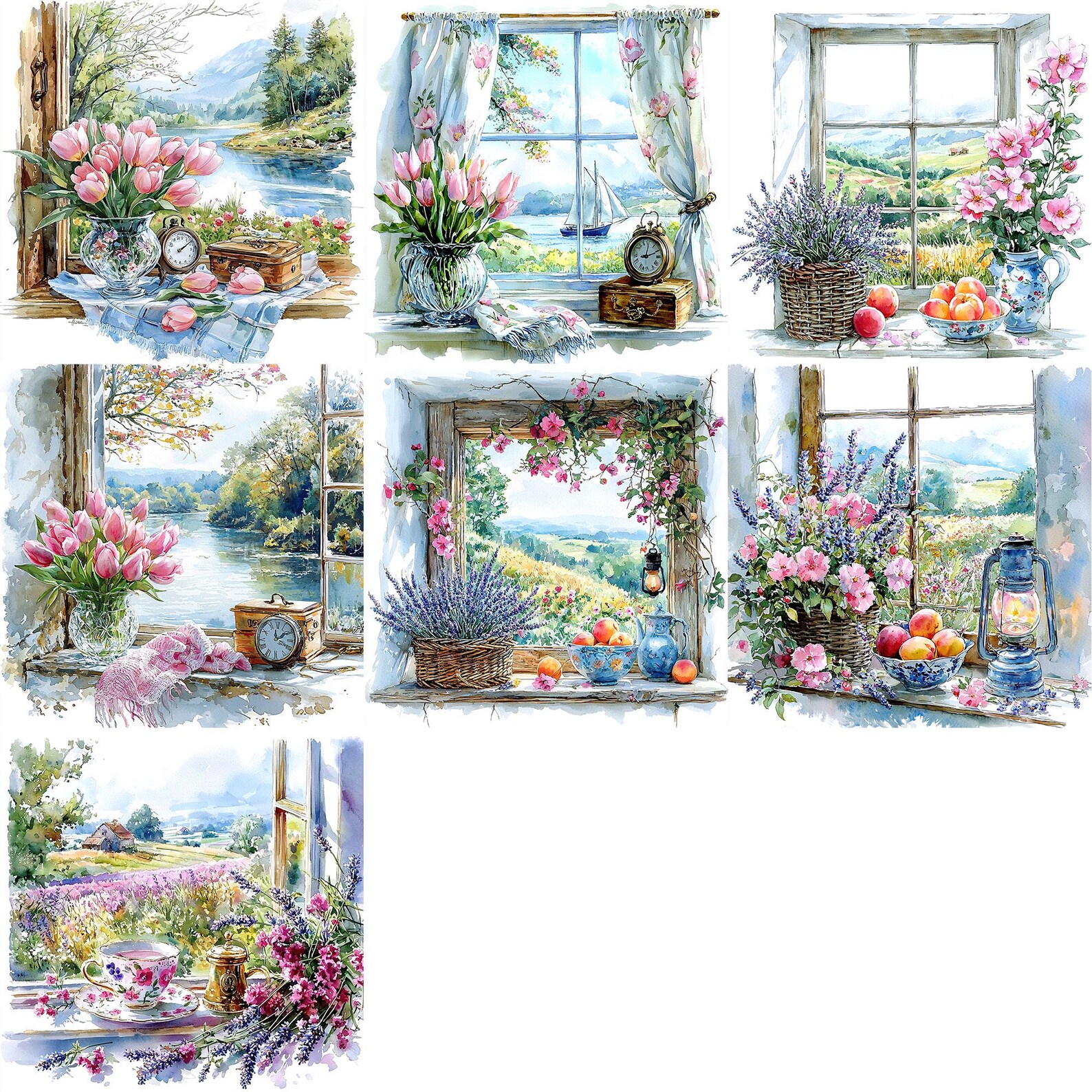 JPEG Watercolor Spring Floral Windows Clipart Bundle Floral Windows ...