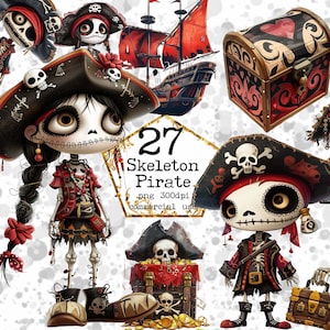 Esqueleto Piratas Ilustração Clipart Pacote Aquarela Piratas Navio Pirata Tesouro Download instantâneo Papel Artesanato Junk Journal Scrapbooking