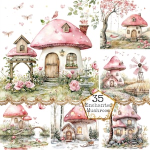 JPEG Acquerello Fungo Clipart Bundle Pastello Rosa Casa Fungo Casa Fata Arte Download Istantaneo Artigianato di Carta Diario di Scarto Scrapbooking