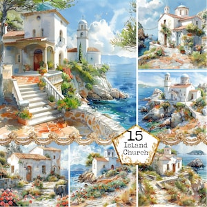 Ensemble de cliparts JPEG Petite église sur une petite île grecque Clipart européen JPEG Téléchargement instantané Papier créatif Journal indésirable Scrapbooking