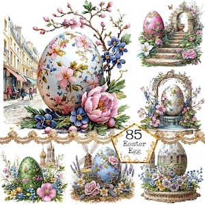 Paquete de imágenes prediseñadas de huevos de Pascua antiguos en acuarela PNG + JPEG, paisajes de Pascua, imágenes de primavera, descarga instantánea, manualidades de papel, diario basura, álbumes de recortes