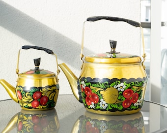 Beautiful soviet pair of metal teapots, kettles. USSR tea kitchen accessories, display, gift. Vintage rare handpainted ware, tea set. 1991